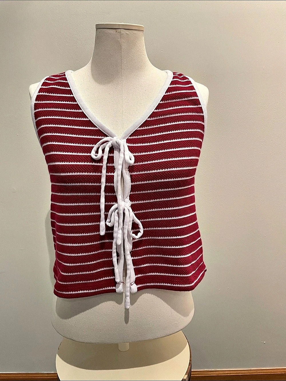 LOFT Striped Tie-Front Tank Top in Red & White Size XS Like New